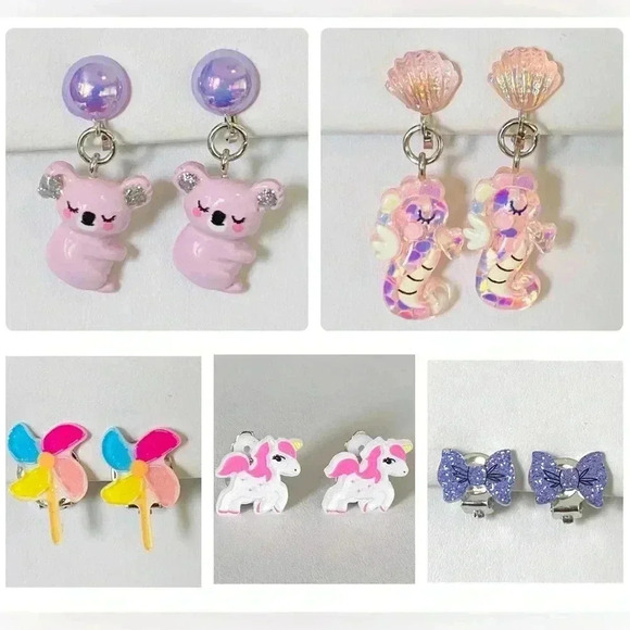 Mama Bling Other - 5 Pairs Kids Clip On Earrings Rainbow Koala Seahorse Unicorn Bow Pinwheel